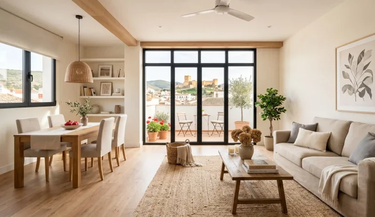 Salón amplio y luminoso preparado para vender casa en Alcalá la Real con decoración neutra.