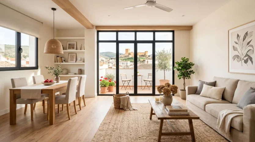 Salón amplio y luminoso preparado para vender casa en Alcalá la Real con decoración neutra.