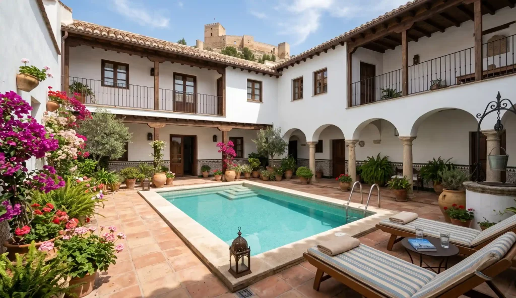 Patio interior de casa tradicional reformada con piscina en Alcalá la Real.