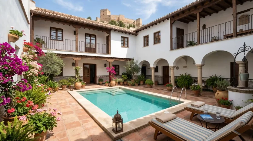 Patio interior de casa tradicional reformada con piscina en Alcalá la Real.
